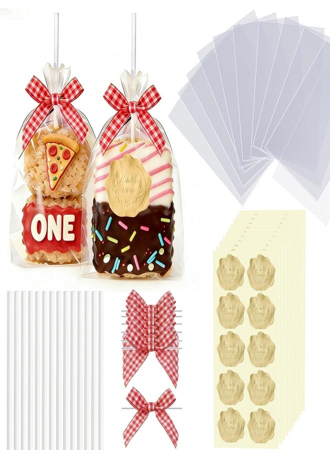 Treayes 100PCS Clear Rice Krispie Treat Bags with Ribbon Bow and Thank You Stickers, Flat Cellophane Bags for Individually Wrapped Cake Pops, Cakesicles, Candies, Chocolates, Marshmallow, Macarons, Cookies(Red Bow) - Image 1
